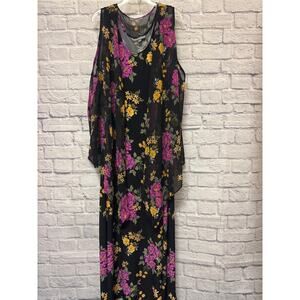 Jessica London Black Pink Floral Sleeveless Maxi Dress Attached Capelet SZ 28W